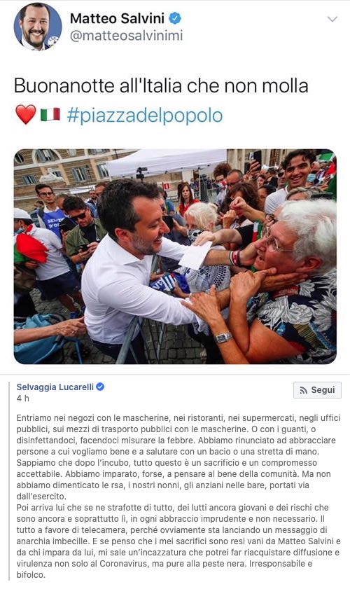 Lucarelli Salvini Social Coronavirus Piazza del Popolo